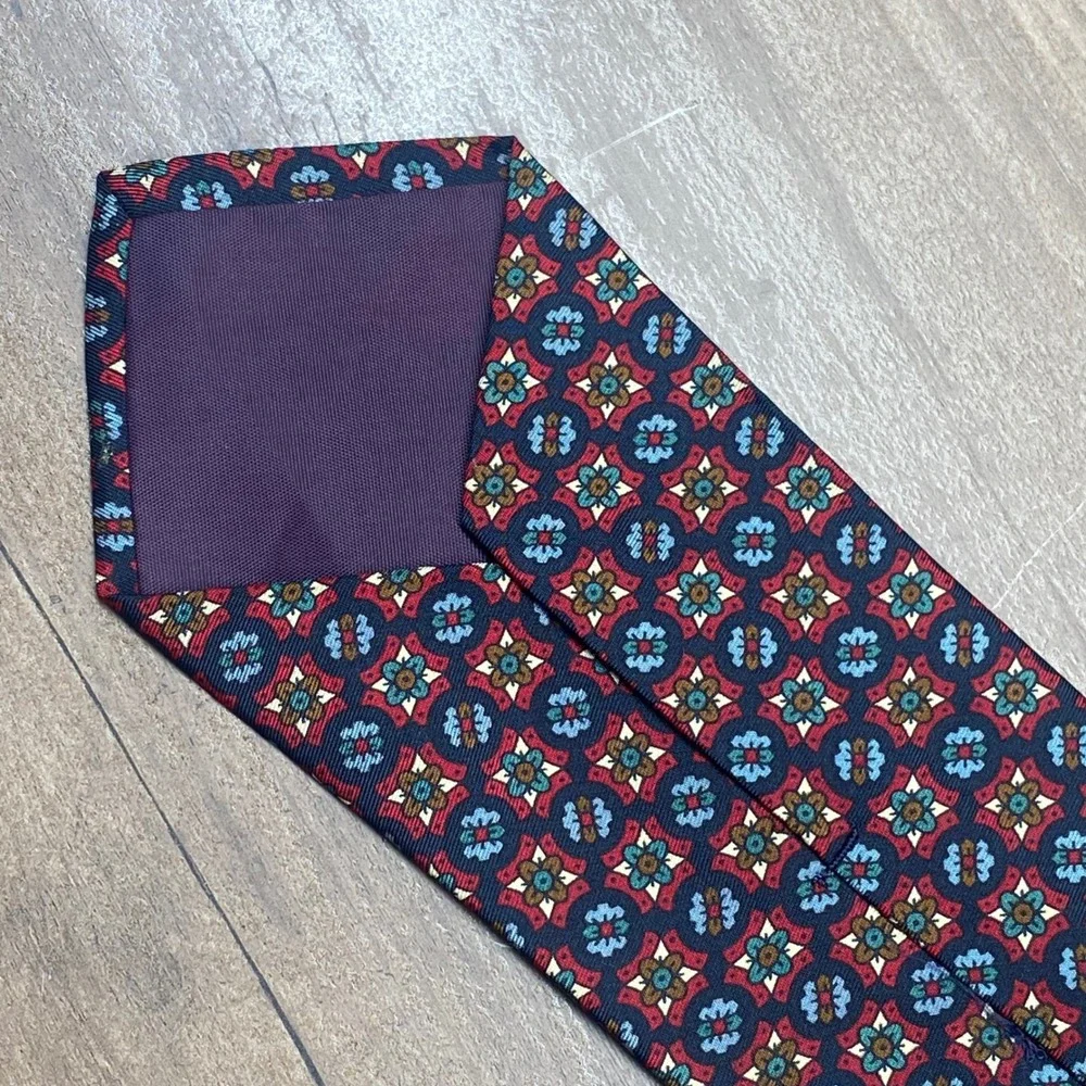 Vintage J. Crew Silk Tie Medallion Mens Blue Red Oarsma Geometric USA Academia